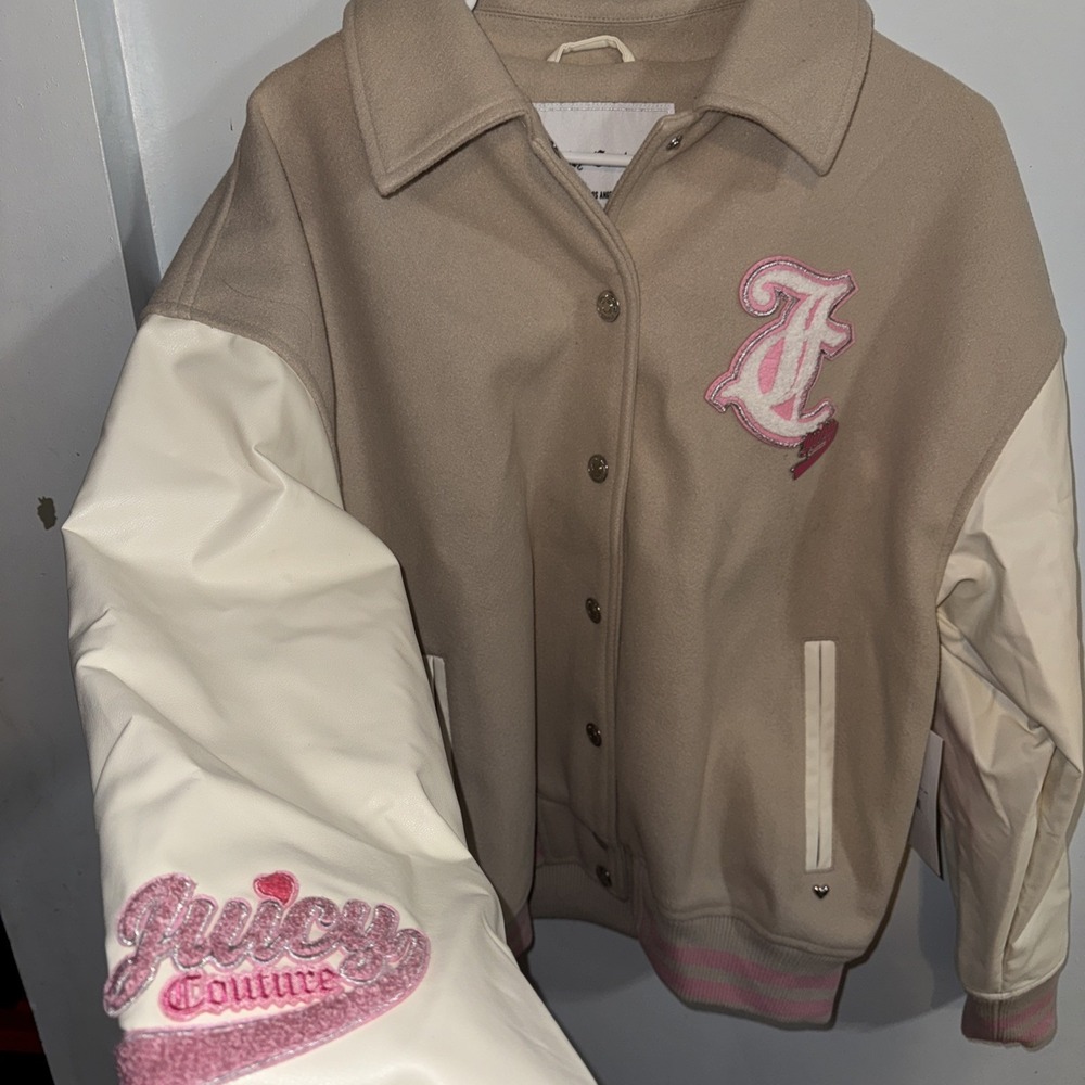 Juicy Couture Beige Cream Pink Varsity Jacket NWT Preppy Coquette Size XXL